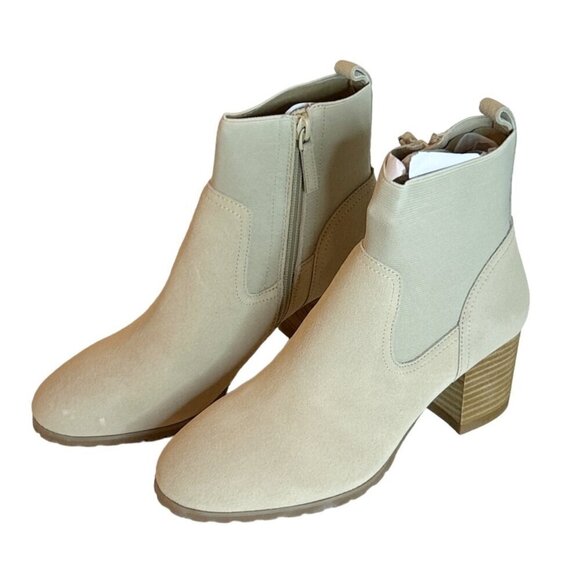 Violet & Red Loaded Suede Knit Cuff Heel Bootie Boot Zip Tan Size 7.5 NWT - Picture 1 of 8
